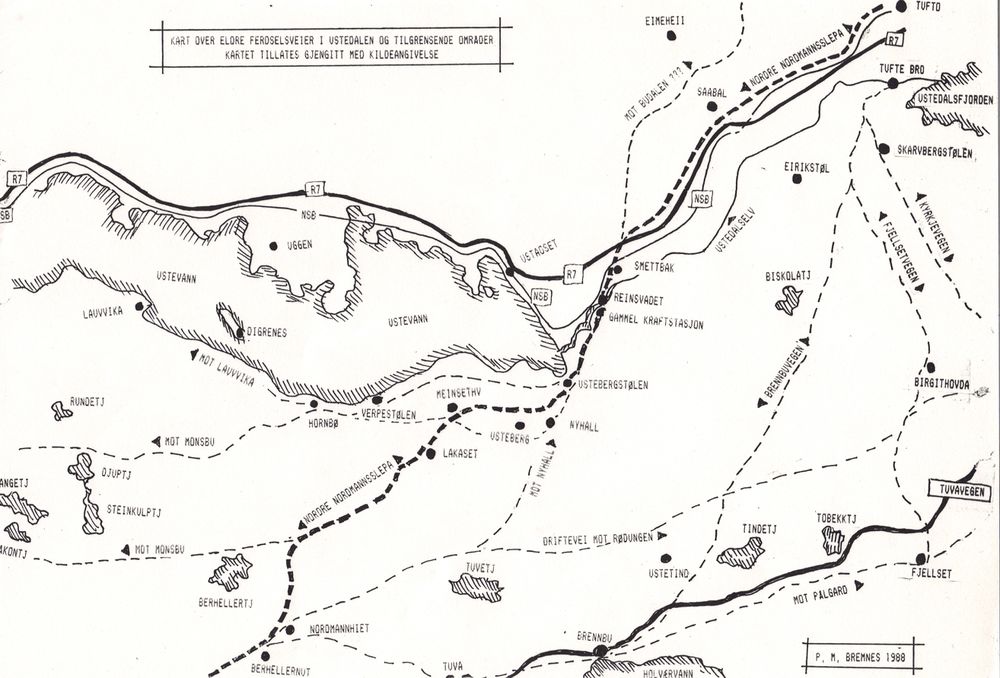 Kart over ferdselsvegar og stølar på sørsida av Ustevatnet, lokalt kalla "vestsida". Teikna av Per Rønneberg Bremnes, 1988.