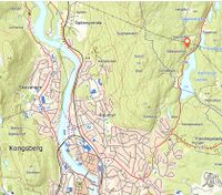 Kart som viser beliggenheten av Såtevollen, omtrent 2 kilometer nordøst for Kongsberg by.