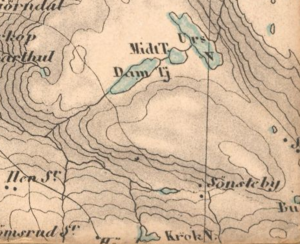 Utsnitt av rektangelkart fra 1874. Det viser begge Sønstebysetrene på samme måte som gradteigskartet fra 1917.