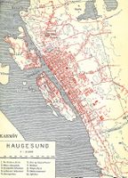 Haugesund i 1921. Kart tegna av Ivar Refsdal.