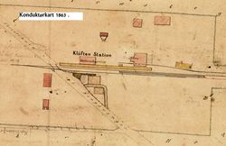 Kløften Station - situasjonsplan, antagelig fra 1854. Senere påtegning "Konduktørkart 1863".