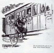 Konduktørene på karettoget måtte i all slags vær ta inn billetten fra stigtrinnet.