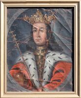 Kong Christian I i Moland kyrkje: "Virtute Mon Strante Viam". (Dygda er min vegleiar). Monogrammet og valspråket tilhøyrer Christian I medan andletet og kroppen tilhøyrer kong Hans! Foto: Anders Kvåle Rue 2010