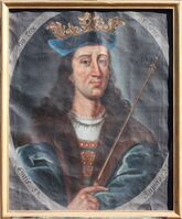 Kong Hans (Johannes) i Moland kyrkje: "Pro Lege et Grege". (For lova og hjorda). Andletet tilhøyrer Christian I, men monogrammet og valspråket er kong Hans sitt. Foto Anders Kvåle Rue 2010