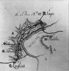 Kongeveien ved Leirsund 1780. Originaltegningens tittel: Alte Königen Weg Leersund 1780.