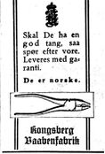 Annonse for verktøy fra Kongsberg Våpenfabrikk i Aftenposten 1927.