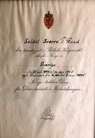 Tjenestebevis for å ha deltatt i Rikets Krigsmakt utenfor Norge 25.07.1944-08.05.1945, signert Forsvarssjef Olav.