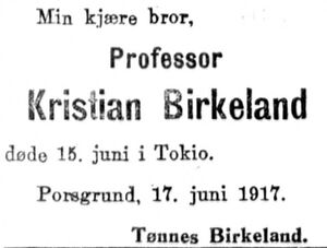 Kristian Birkeland dødsannonse Aftenposten.jpg