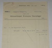 Faktura fra Kristiania havnelager 1924. Foto: Stig Rune Pedersen