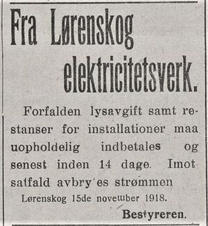 Lørenskog eletricitetsverk kunngjøring 1918.jpg