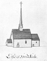 Gerhard Schønings tegning fra 1770-åra viser middelalderkirken før ombygging.