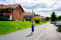 På Ødegården i Nordre Follo treffer vi på Kongeveien i langt mer urbaniserte omgivelser. Foto: Leif-Harald Ruud (2014)