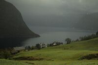 Larsgarden (kvit hus) sett frå nord utover mot Sognefjorden.