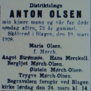 Lege Anton Olsen dødsannonse 1928.JPG