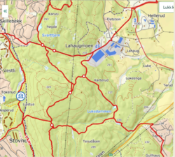 Kartutsnitt over Gjelleråsmarka fra Liastua til Fletstein ved Lahaugmoen.