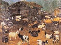 Sjangermålaren: Geiter på en seter. Udatert, truleg med motiv frå Skjåk. I privat eige.