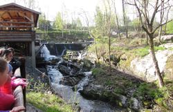 Elever betrakter Strømmensaga i Mølleparken ved Sagelva i Strømmen. Foto Steinar Bunæs.