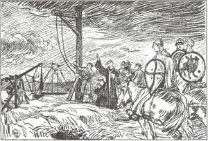 Magnus Blindes og Harald Gilles saga-Biskop Reinald henges-E. Peterssen.jpg