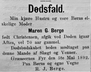 Maren G. Berge dødsannonse i Menneskevennen 21. 05. 1892.jpg