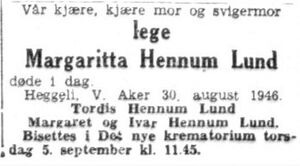 Margaritta Hennum Lund dødsannonse 1946.jpg