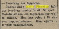 Annonse i Haugesunds Avis, 28. april 1916: møte med Marie Finnskog.