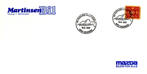 Martinsen Bil Mosjøen førstedagsbrev Kjærstad 18.08.1987.png