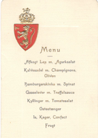 Riksvåpenet på meny fra «souper» 5.4.1907 hos statsminister Christian Michelsen