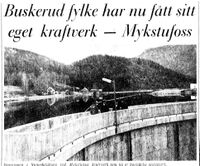 Fra Aftenposten 13. nov. 1965: utsnitt av artikkel om Mykstufoss kraftverk ifm. den offisielle overleveringen.