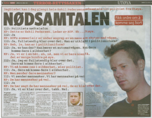 Nødsamtalen Eskil Pedersens samtale med 112, politiets nødtelefon, 22. juli 2011 Skjermdump fra Dagbladet 28.04.2012, s. 12-13.png