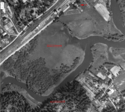 Skytebane ved skytterstevnet på Nebben 1861. Det ble skutt mot Vassøyfjellet på motsatt side av Sagelva.