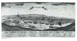 Nidaros var endepunktet for Den Trondhjemske Kongeveien. Byen var av stor betydning både som bispesete og som senter for handelsforbindelser videre mot nord. Slik så byen ut i 1674.