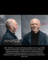 Forbryterportrett av Oluf Nilsen Kjesbovold - 1906. Innkommet til Akershus landsfengsel for å sone en dom på 4 år for bedragerier Foto: Digitalarkivet (original)