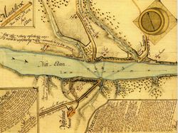 Nitsund gård med alternative fergeruter over Nitelva. Fra et meget detaljert prosjektfremlegg 1772.