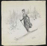 Kvinne på ski av Andreas Bloch, 1890. Forestiller trolig Eva Nansen.