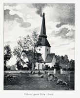 Kirken under brannen i 1893. Fra Eidsvold Værks og Eidsvoldsbygningens historie gjennem tiderne, 1902.