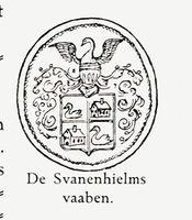de Svanenhielms våpen fra 1720 med svane i 1. og 4. felt, samt Seehusens hus i 2. og 3. felt. Hjelmtegn: En oppvoksende svane med utslåtte vinger. Fra Svanøen i Søndfjord, 1912.