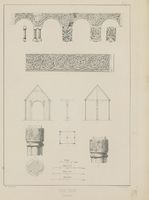 Detaljer fra Uvdal stavkirke. Illustrasjon hentet fra boken "Norske bygninger fra fortiden" av Nicolaysen, N. og utgitt av Kristiania, 1860-1880 (Kristiania, 1860-1866).