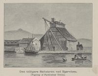 Skipskrana i Bjørvika, tegna av fyrdirektør Carl Frederik Diriks, fra Gamle Christiania-billeder, 1893.
