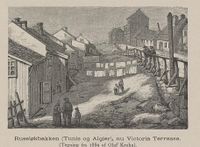 Ruseløkkbakken i 1889, tegning av Olaf Krohn etter et xylografi av Andreas Ludvig Søborg. Fra Gamle Christiania-billeder, utgitt 1893.