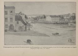 Prestegata ned mot Karl Johans gate, før Stortingsbygningen ble oppført. Fra Gamle Christiania-billeder, utgitt 1893.
