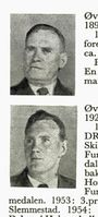 Øverst: Butikksjef Sigurd Øverbye, f. 1894 i Vikersund. Kombinert og langrenn. Har vært formann og kasserer. Nederst: Jernbaneekspeditør Øistein Øverbye, f. 1926 i Asker. Hopp, kombinert og langrenn. Foto: Ranheim: Norske skiløpere