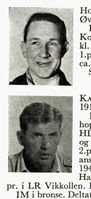 Øverst: Sjåfør Olaf Horne, f. 1925 på Øvre Eiker. Hopp. Nederst: Bygningsarbeider Reidar Karlsen, f. 1912 i Mjøndalen. Kombinert. Foto: Ranheim: Norske skiløpere