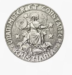 Avbildning av byvåpenet med påkledd kvinne fra Oslos historie av Edv. Bull, 1922.