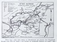 Kart over kommunen fra omkring 1952, før størstedelen av Skånevik ble innlemma.