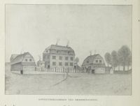 Tegning av bygningene, fra Akers historie utgitt 1918.