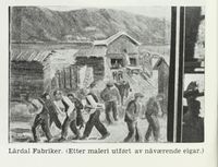 Lårdal Fabrikker på måleri av Olav Sandåker. Foto: Johs. Sætherskar, Det Norske Næringsliv 4: Telemark Fylkesleksikon, Bergen, 1949.