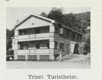 Triset Turistheim i Lårdal. Foto: Johs. Sætherskar, Det Norske Næringsliv 4: Telemark Fylkesleksikon, Bergen, 1949.