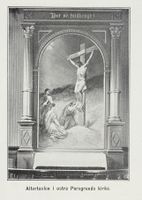 Altertavlen (1890) i tidligere Østre Porsgrunn kirke, kirken totaltskadd i brann i 2011. Foto: Nasjonalbiblioteket (1907).