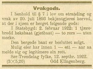 Norsk Kunngjørelsestidende 1922 09 29 Vrakgods.jpg
