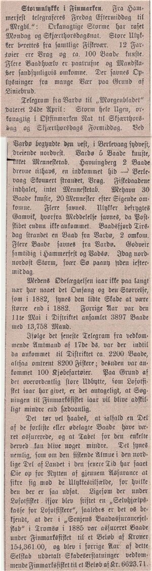 Notis i Nordtrønderen om uvær under vårtorskefisket 30.04.1886.jpg